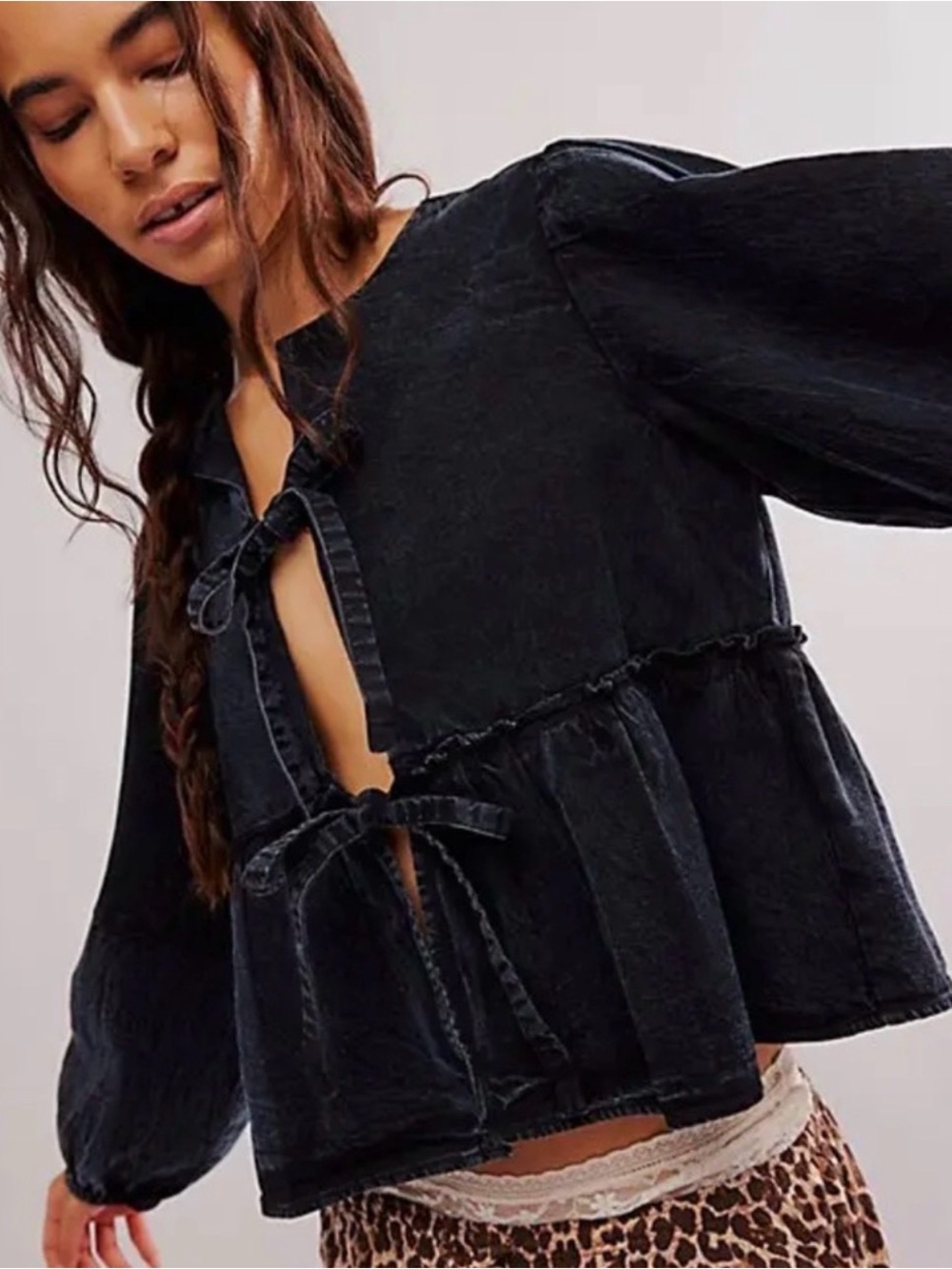 Free People Black Denim‎ Brunch Babe Blouse